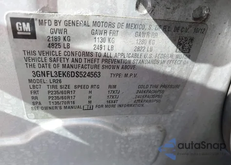 2013 Chevrolet Captiva Sport Lt z USA, uszkodzony, nr VIN 3GNFL3EK6DS524563